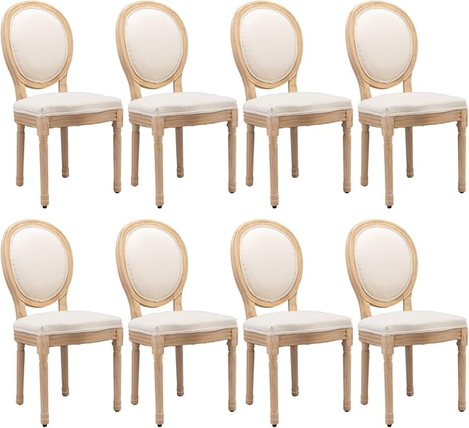 French Country Dining Chairs Set of 8, Vintage Wooden Dining Chairs with Fabric Upholstered Seat&Oval Backrest,Solid Wood Legs&Frame, Farmhouse Kitchen&Living Room Chairs(Beige,8 Pcs)