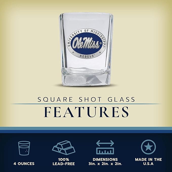 Heritage Pewter University of Mississippi Ole Miss Square Shot Glass | Hand-Sculpted 1.5 Ounce Shot Glass | Intricately Crafted Metal Pewter Alma Mater Inlay