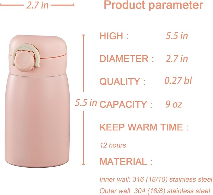 9 oz Mini Water Bottle Small Stainless Steel Thermoses - Insulated Vacuum, Leak Proof, Keeps Drinks Hot/Cold - Ideal for Coffee, beverage, Water - Pink