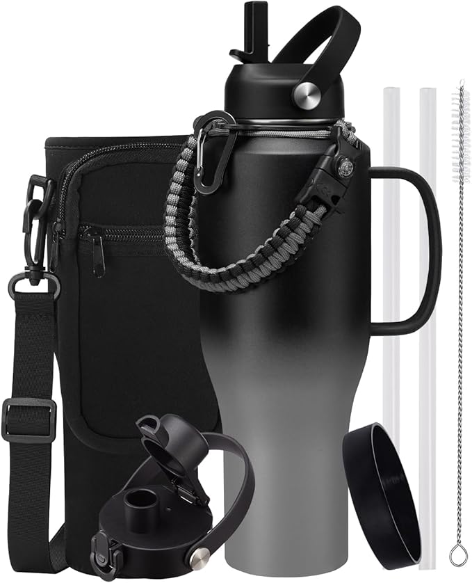 40 OZ Water Bottle with Handle and Straw - Cold-48h & Hot-24h, Insulated Water Bottle Fit in Car Cup Holder, Stainless Steel Water Bottle Coffee Tumbler Cup with Straw, Carrier Bag, Paracord