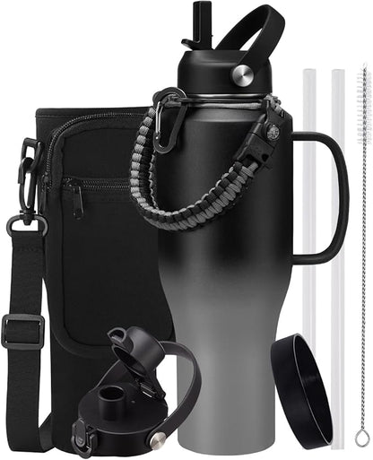 40 OZ Water Bottle with Handle and Straw - Cold-48h & Hot-24h, Insulated Water Bottle Fit in Car Cup Holder, Stainless Steel Water Bottle Coffee Tumbler Cup with Straw, Carrier Bag, Paracord