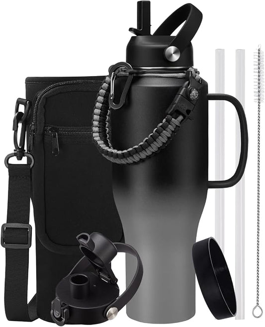 40 OZ Water Bottle with Handle and Straw - Cold-48h & Hot-24h, Insulated Water Bottle Fit in Car Cup Holder, Stainless Steel Water Bottle Coffee Tumbler Cup with Straw, Carrier Bag, Paracord