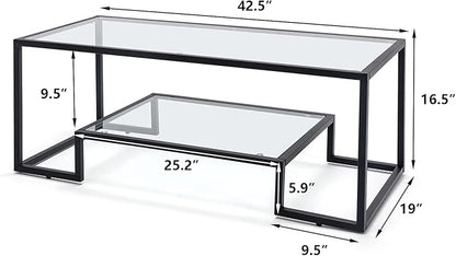 Metal Glass Coffee Table, Black Accent Modern Tempered Glass Side Table, Additional Storage Shelf, for Living Room Home Classy Furniture Office Decor