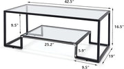 Metal Glass Coffee Table, Black Accent Modern Tempered Glass Side Table, Additional Storage Shelf, for Living Room Home Classy Furniture Office Decor