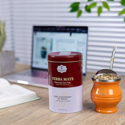 Yerba Mate, CUOPRU Suave Argentinian Mate, Low Powder, Original Leaves With Stems, Portable Storage Tea Caddy (N.W.247g)