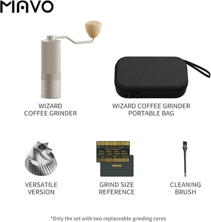 MAVO Manual Coffee Grinder, Wizard Hand Coffee Grinder, Capacity 25g with CNC Stainless Steel Pentagon Conical Burr, Adjustable Setting, Burr Coffee Bean Grinder for French Press, Pour Over, Silver