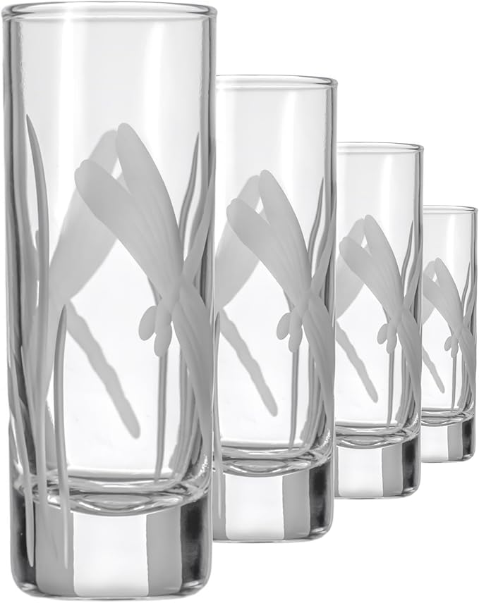 Rolf Glass Dragonfly Shot Glass | 2.5oz Engraved Glass Cordial | Elegant Spring Design | Lead-Free and Diamond-Wheel-Engraved | Made in the USA | Set of 4