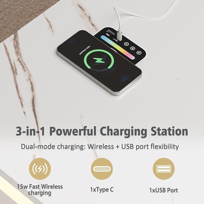 LED Coffee Table, 47.2" Coffee Tables for Living Room with Wireless Charging & Bluetooth Speaker, Smart Center Table for Living Room with Storage, White Marble Tables