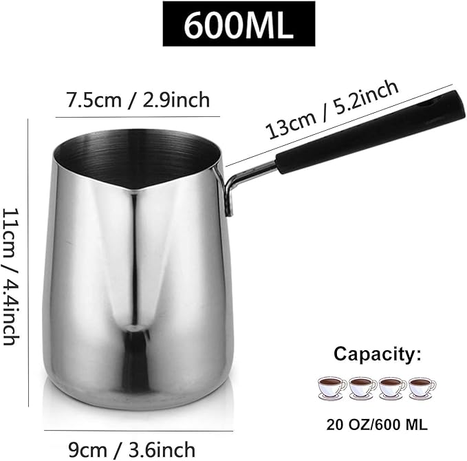 Turkish Coffee Pot, Stainless Steel Milk and Coffee Warmer, Ibrik Cezve Arabic Briki Coffee Pot, Chocolate and Butter Melting Pot with Heat Resistant Handle, 20 OZ, 600 ML