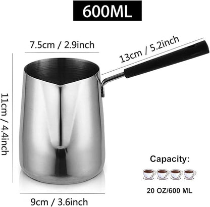 Turkish Coffee Pot, Stainless Steel Milk and Coffee Warmer, Ibrik Cezve Arabic Briki Coffee Pot, Chocolate and Butter Melting Pot with Heat Resistant Handle, 20 OZ, 600 ML