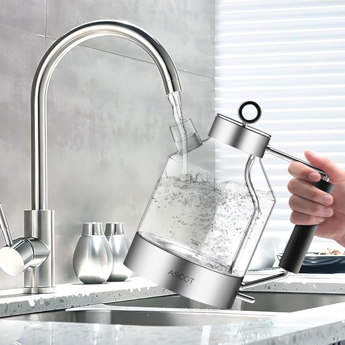 Electric Kettle, ASCOT Electric Tea Kettle 1.5L Glass Electric Kettle, Stainless Steel, BPA-Free, Cordless, Automatic Shutoff, Boil-Dry Protection (Silver)