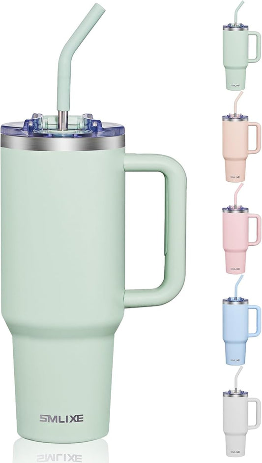 COKTIK 40 oz Tumbler With Handle and Straw Lid, Vacuum Insulated Travel Coffee Mug Stainless Steel Insulated Cup for Beverages, Leak-proof, Cupholder Friendly (Seafoam)