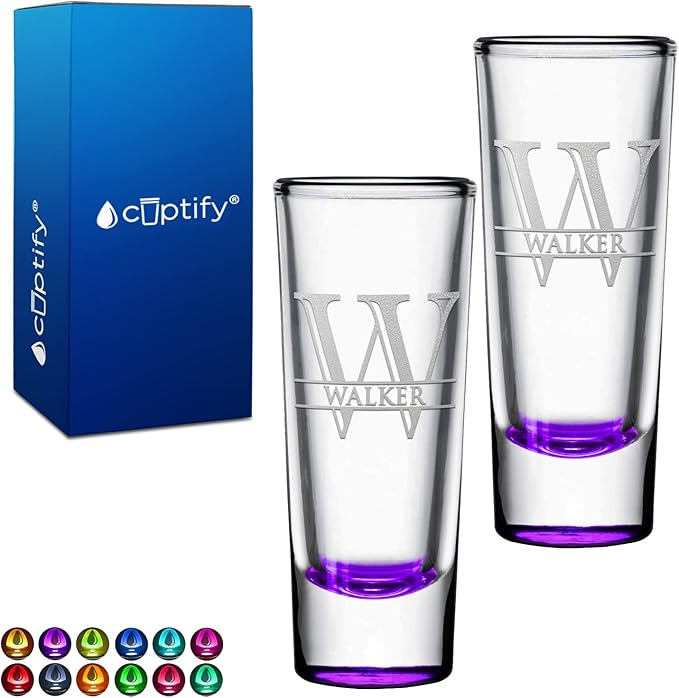 Personalized Shot Glasses Set of 2 Purple Bottom Custom 2 oz Cordial Shot Glass Initial and Name for Gifts, Weddings, Birthdays, Party, Event, Decorations