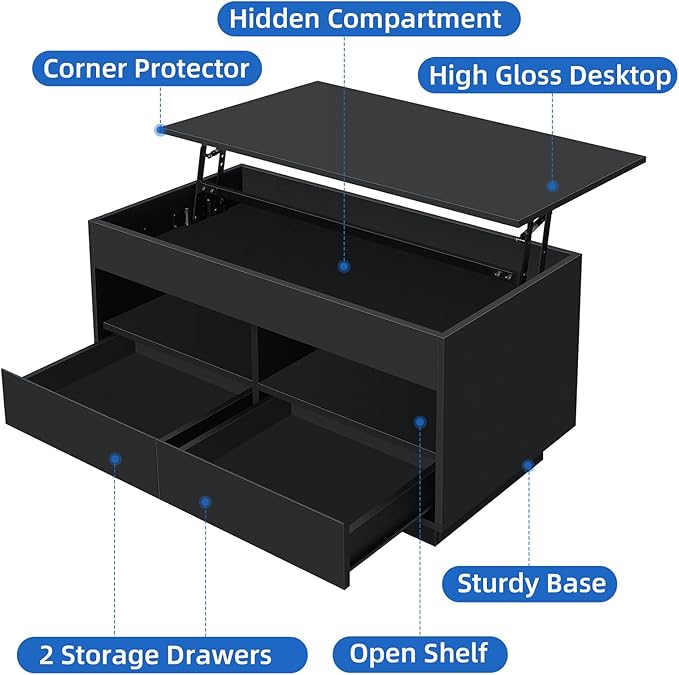 LED Coffee Table with Lift Top Morden Coffee Table with Storage High Gloss Black Sofa Table for Living Room Center Tables Hidden Compartment & 2 Drawers & 2 Open Shelve