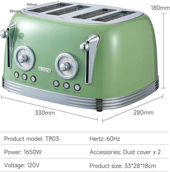 4 Slice Toaster, Retro Green Toaster, Bagel, With Stainless Steel Lid. Reheat, Defrost and Cancel Functions, Countdown Function, 6 Browning Levels, Stainless Steel Material, TR03