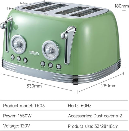4 Slice Toaster, Retro Green Toaster, Bagel, With Stainless Steel Lid. Reheat, Defrost and Cancel Functions, Countdown Function, 6 Browning Levels, Stainless Steel Material, TR03