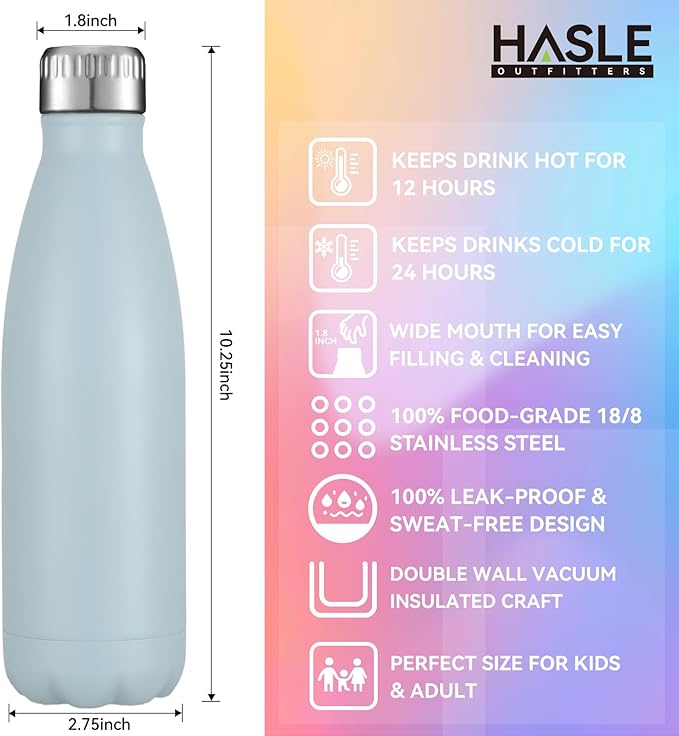 HASLE OUTFITTERS 17oz Stainless Steel Water Bottles Bulk, Vacuum Insulated Water Bottles Double Walled Reusable Metal Sports Water Bottles Keep Drinks Hot and Cold, Light Blue, 4Packs