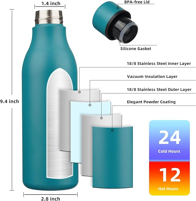 BJPKPK Insulated Water Bottles, 18 oz Stainless Steel Metal Water Bottle with Strap, BPA Free Leak Proof Jugs, Mugs, Flasks, Reusable Thermal Flasks for Sports & Travel, Lake Blue