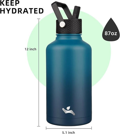 Insulated Water Bottle with Straw,87 oz 3 Lids Water Jug with Carrying Bag,Paracord Handle,Double Wall Vacuum Stainless Steel Metal Flask,Indigo Black