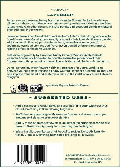 Worldwide Botanicals Organic Lavender Flowers, 4 ounces, Pure European Lavender buds, Perfect for Aromatherapy, Sachets, Wedding celebrations, Tea flavoring, Eye pillows Scenting The Home