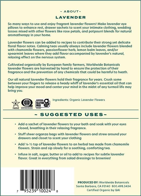 Worldwide Botanicals Organic Lavender Flowers, 4 ounces, Pure European Lavender buds, Perfect for Aromatherapy, Sachets, Wedding celebrations, Tea flavoring, Eye pillows Scenting The Home