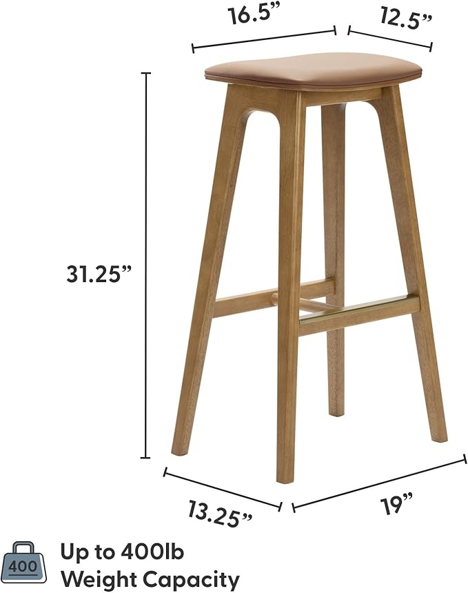 Plank+Beam Beryl Bar Height Stool - Mid-Century Modern Rubberwood Bar Stool with Faux Leather Seat, Metal Footrest, Easy Assembly, 2-Pack, Pecan/Toffee