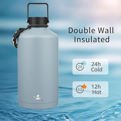 Gallon Insulated Water Bottle with Straw,128 oz 3 Lids Water Jug with Carrying Bag,Paracord Handle, Double Wall Vacuum Stainless Steel Metal Flask,Storm Blue