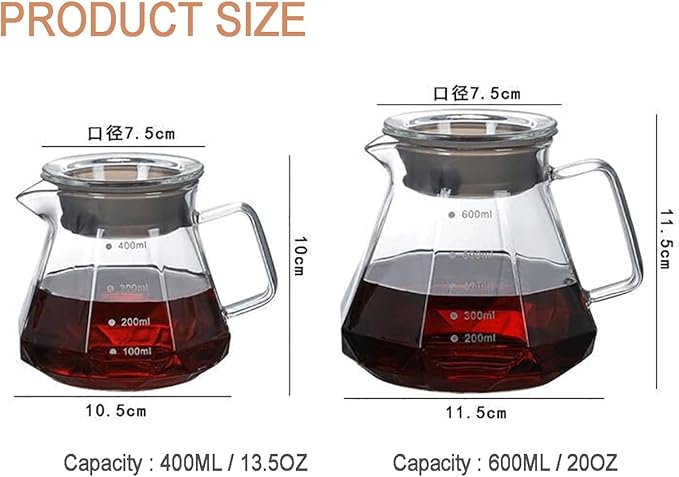Glass Coffee Server for Drip Coffee Maker, Diamond Fashion Design Glass Coffee Carafe, Coffee Pot with Lid, Clear, 400ml(13.5oz)
