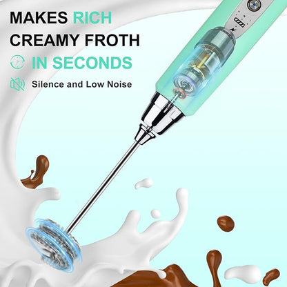 YUSWKO Baby Blue Handheld Milk Frother Wand for Coffee, Rechargeable Electric Whisk with 3 Heads 3 Speeds Drink Mixer Coffee Frother For Latte, Cappuccino, Hot Chocolate, Egg