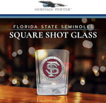 Load image into Gallery viewer, Heritage Pewter Florida State University Square Shot Glass | Hand-Sculpted 1.5 Ounce Shot Glass | Intricately Crafted Metal Pewter Alma Mater Inlay