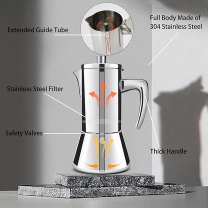4 Cup Thickened 304 Stainless Steel Moka Pot Stovetop Espresso Maker Cafeteras Italian Percolator Espress Makers Capable Greca Mocha Coffee Machine for Induction Home and Camping 200ml 6.6oz