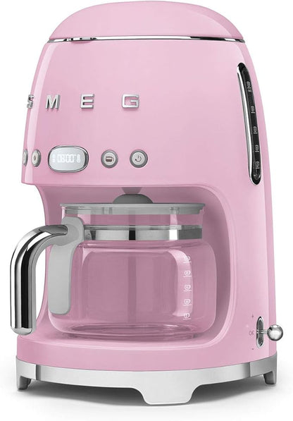 Smeg 50's Retro Style Aesthetic Drip Coffee Machine with 10 Cup Glass Carafe, Auto Start Feature, Keep Warm Plate, and Two Coffee Strength Settings (Pink)