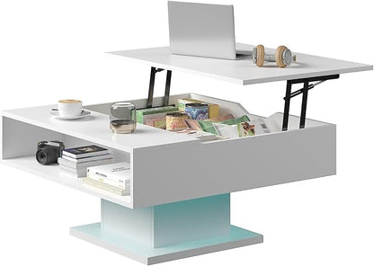White 30.7" Lift Top Coffee Table with Storage, Square Led Coffee Table with Large Hidden Storage, Wood Living Room Table Led Center Table for Dining Reception Room