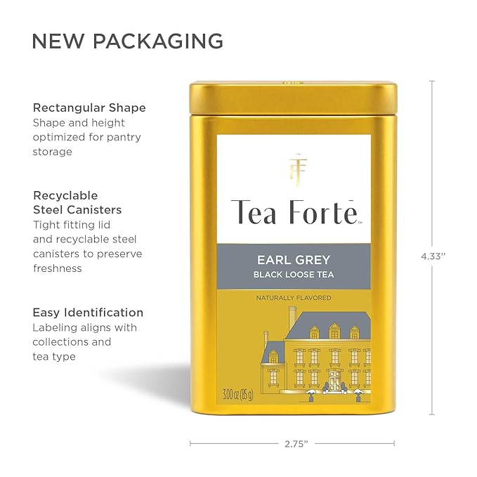 Tea Forte Earl Grey Premium Loose Leaf Caffeinated Black Tea Blend Canister, Makes 35-50 Cups