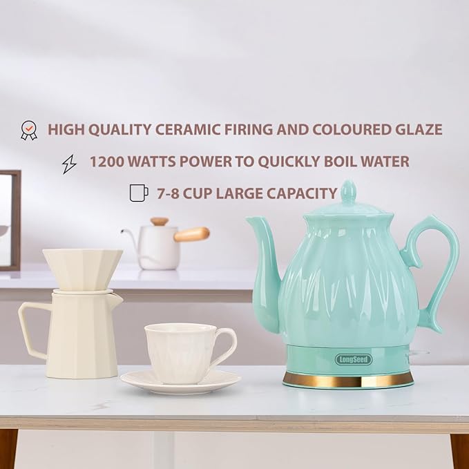 Ceramic Electric Kettle, 1.5L/1200W Boil Water Quickly and Easily with Boil-Dry Protection Auto Shut Off, Detachable Swivel Base, Diamond Cut Glazed