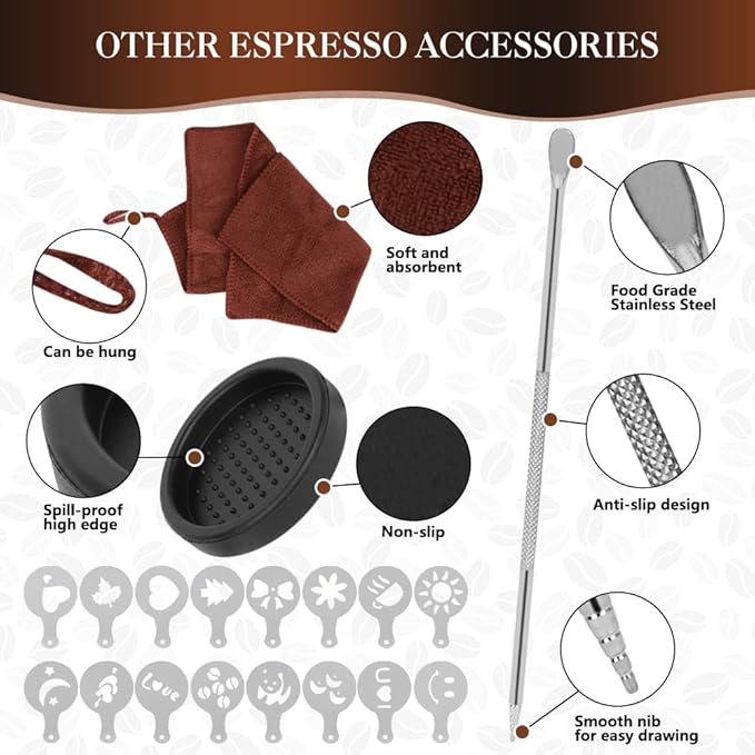 Y-Step 23 PCS Coffee Tamper Set, Espresso Accessories Kit Barista Kit, with Espresso Tamper 51mm, Coffee Stirrer, Frothing Pitcher, Tamper Mat, Latte Art Pen, Sandalwood Tamper for Espresso Machine