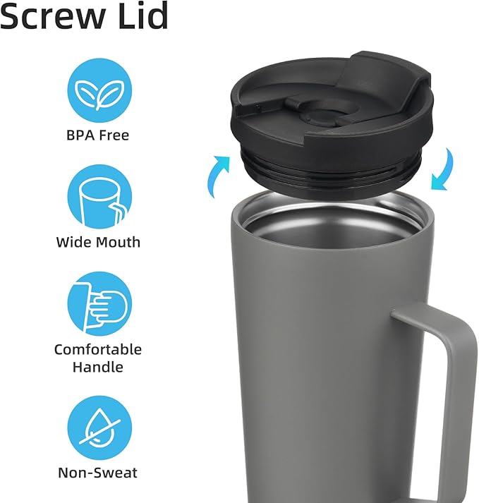 Insulated Tumbler with Handle and Straw, 26 OZ Travel Coffee Mug Stainless Steel Cup Metal Water Bottle,Grey