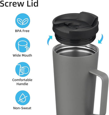Insulated Tumbler with Handle and Straw, 26 OZ Travel Coffee Mug Stainless Steel Cup Metal Water Bottle,Grey