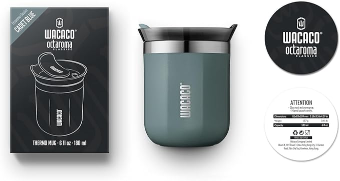 WACACO Octaroma Classico Vacuum Insulated Coffee Mug, Double-wall Stainless Steel Travel Tumbler With Drinking Lid, 6 fl oz (180ml), Cadet Blue