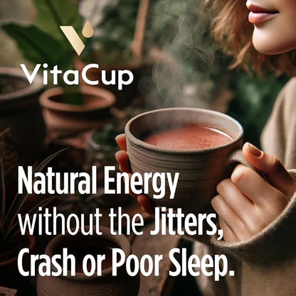 VitaCup Mushroom Coffee Alternative Instant Drink Mix | Mushroom Coffee Substitute for Natural Energy & Focus | Lion’s Mane, Yerba Mate, & Chaga | Cacao, Cinnamon, & B Vitamins | 2 Bags, 60 Servings