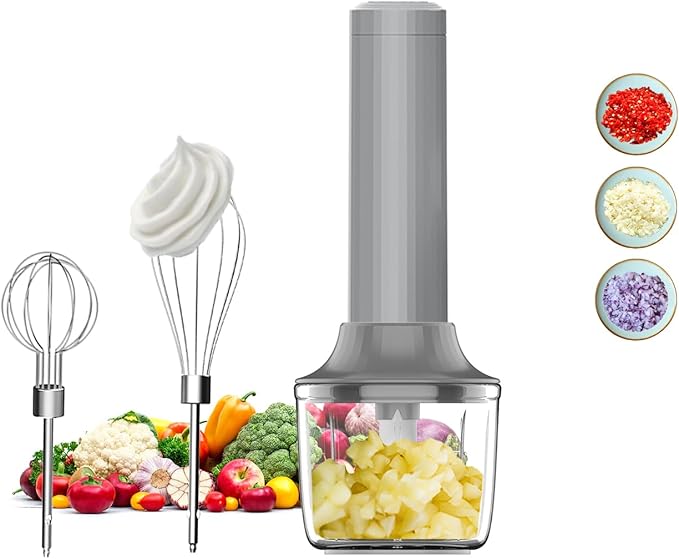 Electric Hand Mixer with Whisk, Handheld Electric Whisk, Hand Blender Set for Mini Food Processor, Rechargeable Cordless Handheld Mixer, Small Food Chopper for Dicing, Mincing, and Puree, 4-Speed,10Oz
