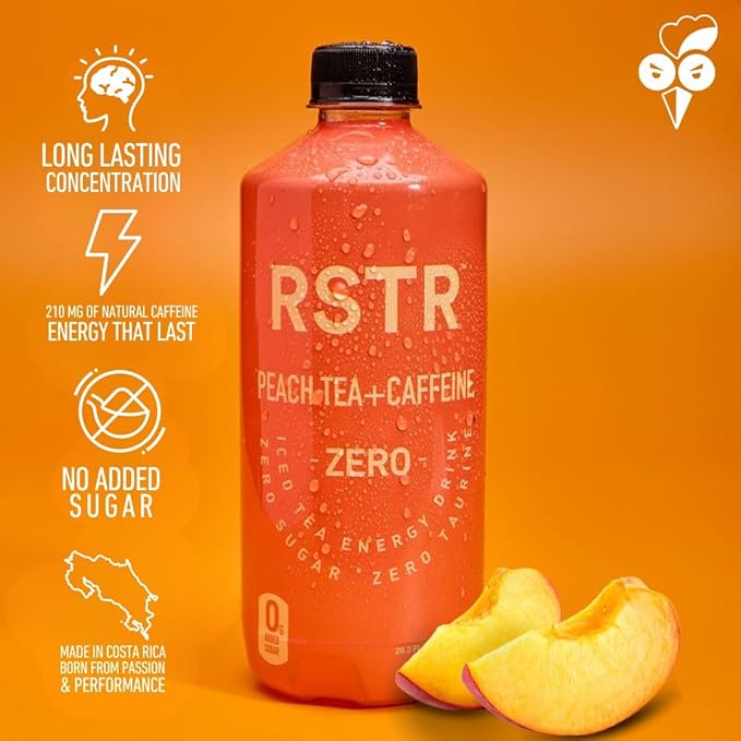 RSTR Peach Tea 12 Pack – Fruity High Energy Beverage – Natral Caffeine, Zero Added Sugar, Ultra Low Calories – Healthy Peach Tea for Adults - No Jitters, Not Carbnated and No Chrash.