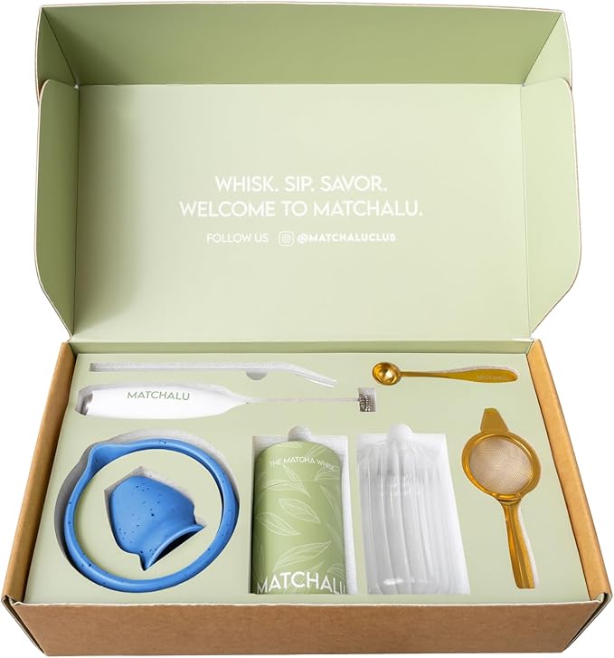 Premium 9 Piece Matcha Set With Ceramic Matcha Bowl, Bamboo Whisk & Holder, Stainless Steel Spoon & Sifter, Glass Cup & Straw, Electric Frother, Storage Bag - Gift for Matcha Lovers (Blue)