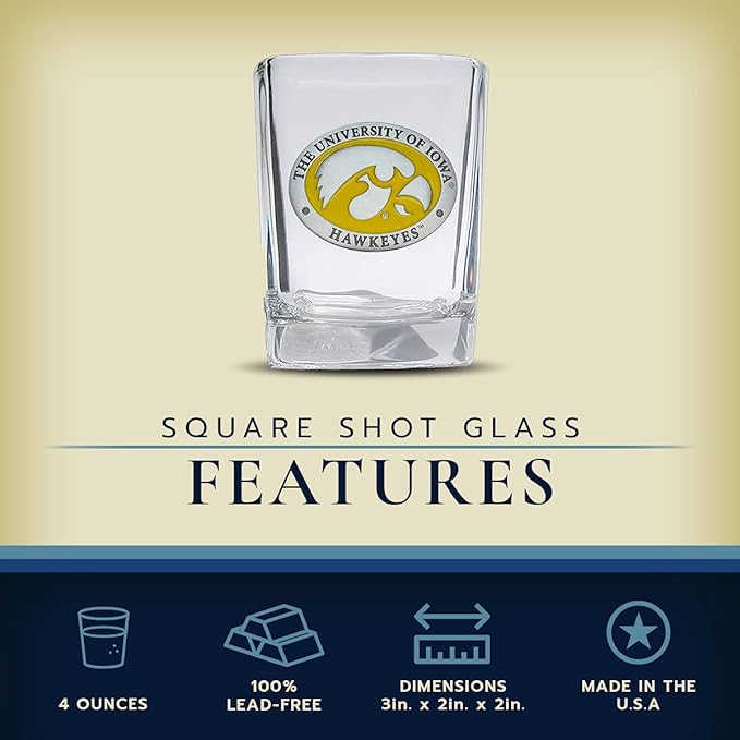 Heritage Pewter University of Iowa Square Collector's Glass | Hand-Sculpted 1.5 Ounce Glassware | Intricately Crafted Metal Pewter Alma Mater Inlay