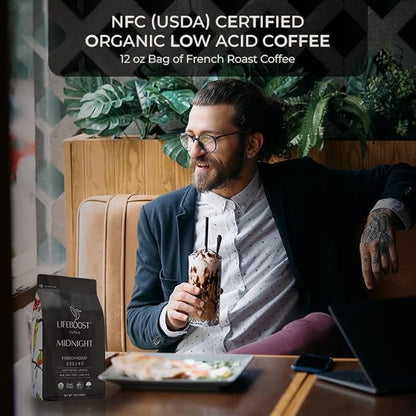 Lifeboost Midnight French Roast Coffee Ground - Non-GMO Single Origin USDA Organic Low Acid Coffee French Roast - Third Party Tested For Mycotoxins & Pesticides - 12 Ounces