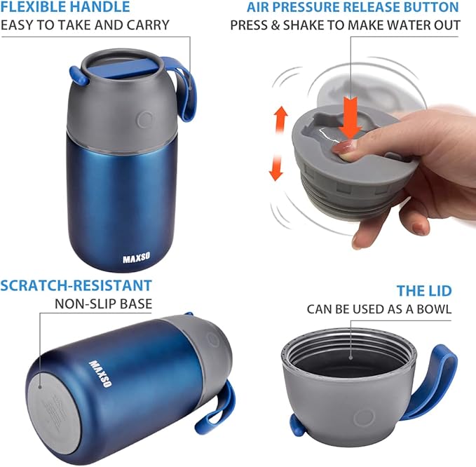 MAXSO 2 Pack Soup Thermo for Hot & Cold Food for Kids Adults, Vacuum Insulated Food Jar Thermal Lunch Containers, Travel Food Flask with Spoon (24 oz,17 oz) (Dark Blue)