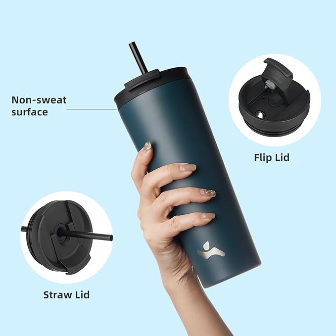 22 OZ Insulated Tumbler with Lid and 2 Straws Stainless Steel Water Bottle Vacuum Travel Mug Coffee Cup,Navy Blue