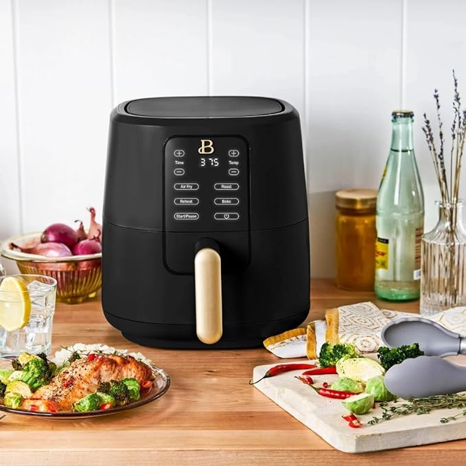Beautiful 3-Quart Digital Air Fryer with TurboCrisp Technology by Drew Barrymore – 4 Preset Functions, 1200W Power, Non-Stick Coating, Dishwasher Safe Basket (Black Sesame)