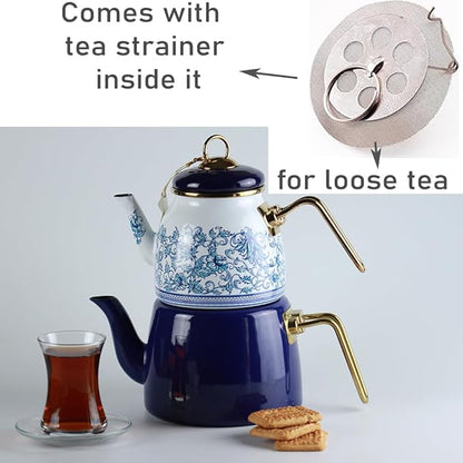 Vintage Turkish Teapot Tea Pots Kettle Set for Stovetop Stove Top Decorative Infuser Party Cups Glasses Floral Unique Boiler Samovar Strainer Loose Leaf Kitchen Style Enamel Decor (White-Blue)