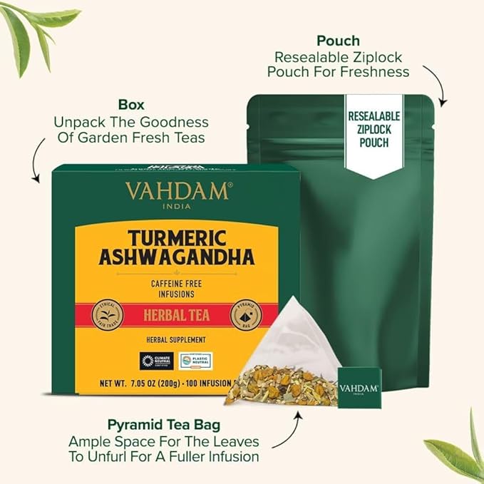 VAHDAM, Turmeric Ashwagandha Herbal Tea Bags (100 Count) Caffeine Free, Non GMO, Gluten Free | 100% Pure Herbal Blend - Sweet & Earthy | Whole Leaf Tea Bags | Resealable Ziplock Pouch